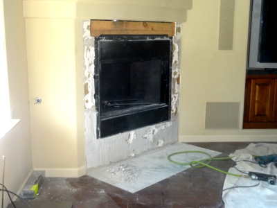 DIY home fireplace remodel with fireglass