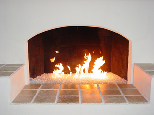 modern fireplace with glass stones